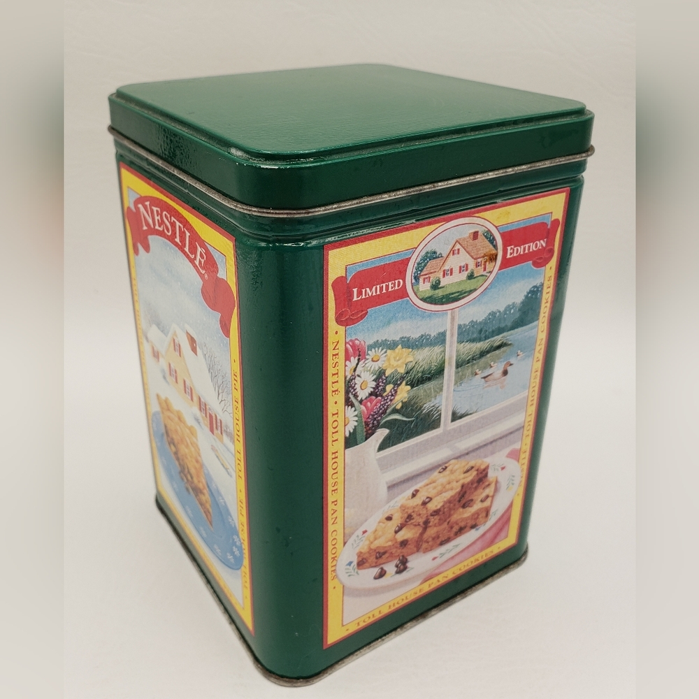 NESTLE TOLL HOUSE COOKIE TIN 1970's LIMITED EDITION FOUR SEASONS Green Decor 6".